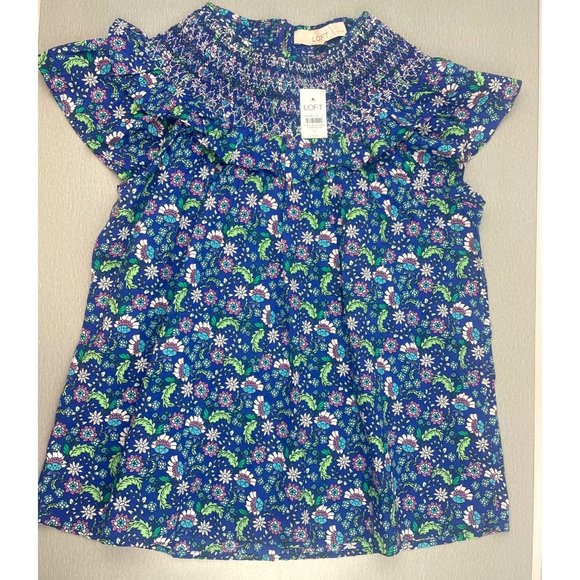 LOFT WOMEN Petite Floral Smocked Ruffle Yoke Top PM - Picture 2 of 13